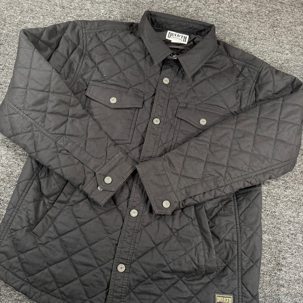 Duluth Trading Co Quilted Shirt Jacket Mens Large Black Canvas Snap Fire Hose